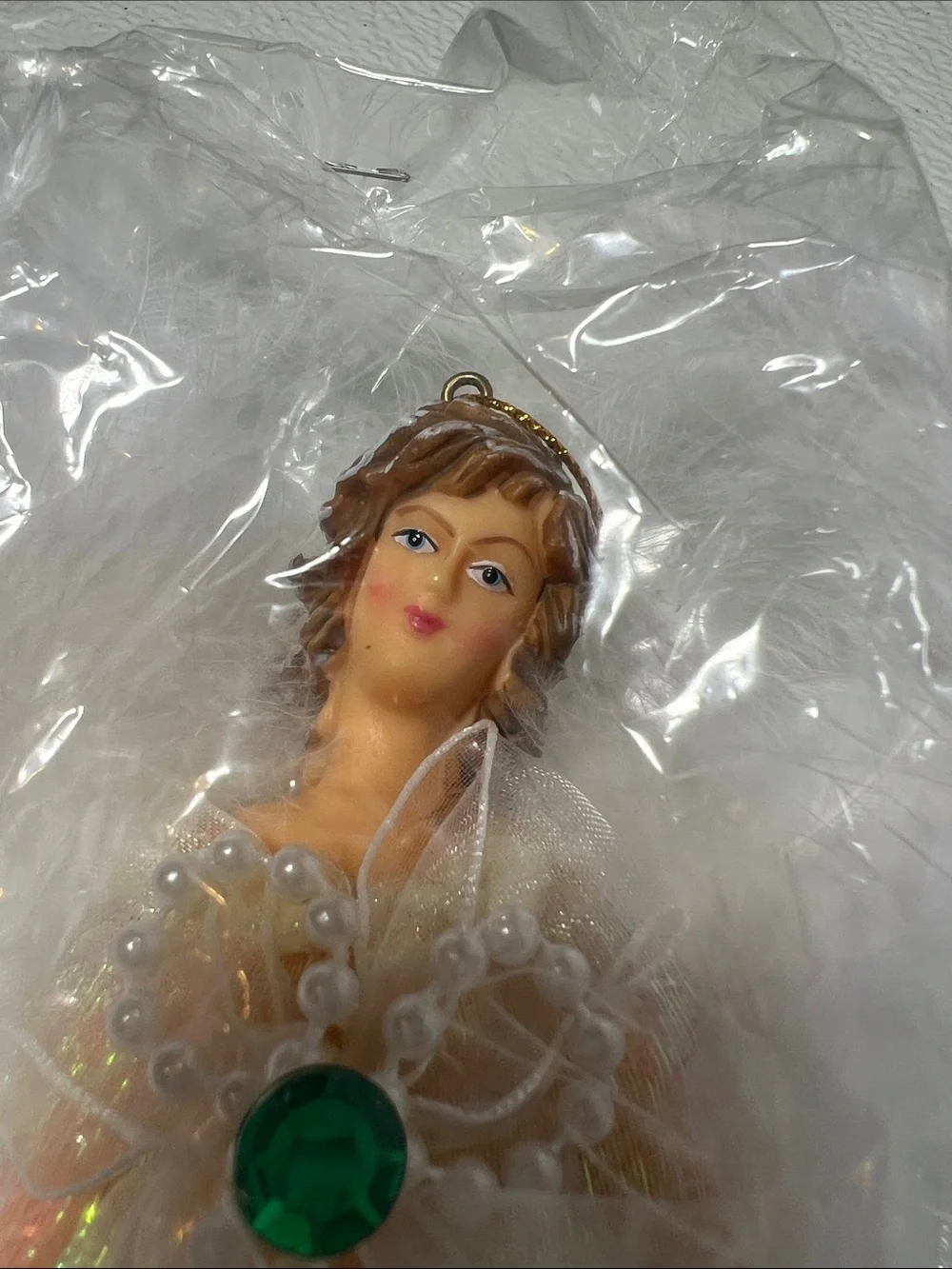 Vintage White Feathers Christmas Angel Birthstone Ornament May